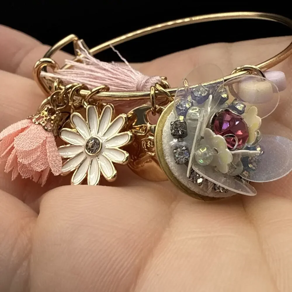 Plunder Charm Bracelet‎ Pink Flower Heart Tassel Adjustable 6.5 - 7.5 in